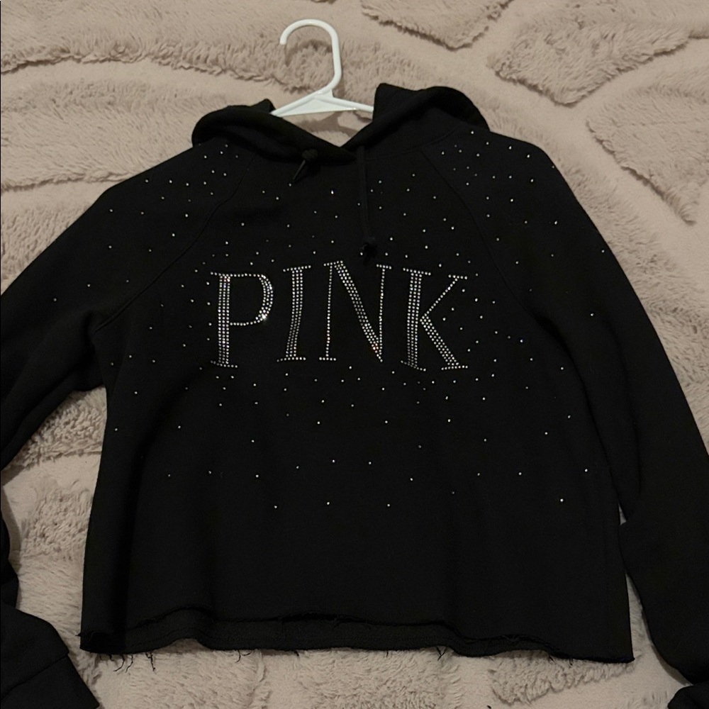Victoria's Secret PINK cropped Black Hoodie with Sparkle Accents